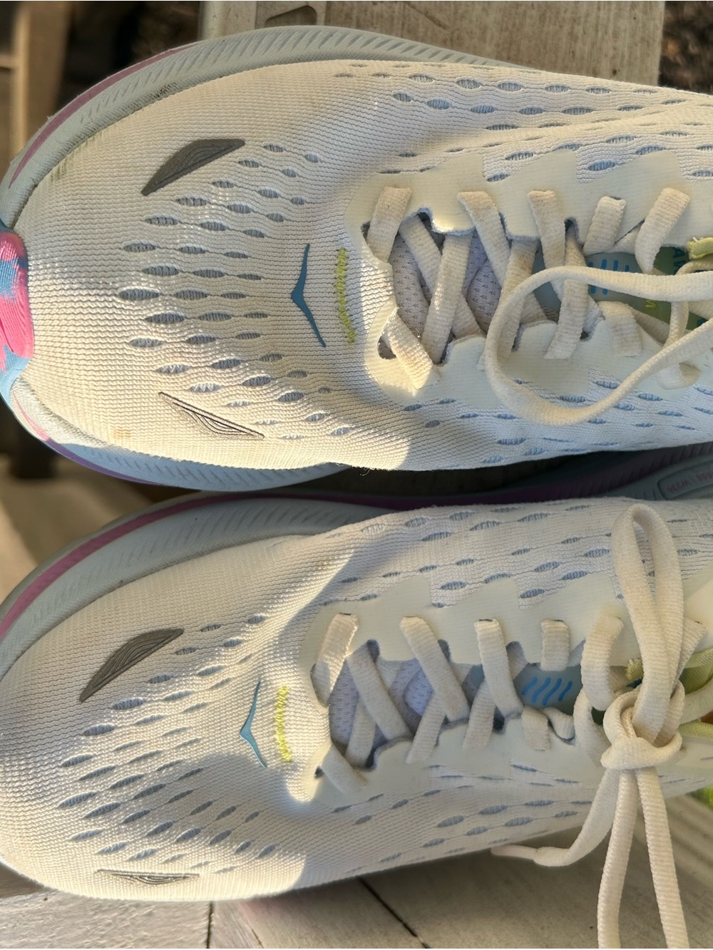 Hoka One One Women's White Running Shoes with Pastel Blue, Pink & Yellow Accents - Picture 6 of 11